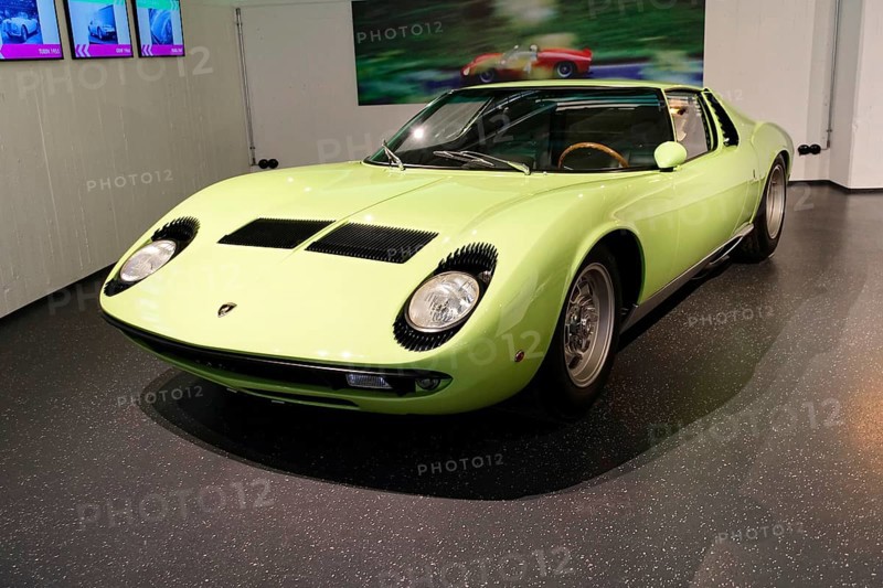 Lamborghini Miura P400, in light green colour, a classic sports car in an exhibition, AUTOMUSEUM PROTOTYP, Hamburg, Hanseatic City of Hamburg, Germany Europe