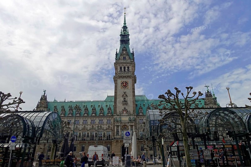 Hamburg town hall and town hall market, Hamburg, Germany, Europe, The town hall dominates the city square under the cloudy sky, People in the neighbourhood, Hanseatic city of Hamburg, Europe