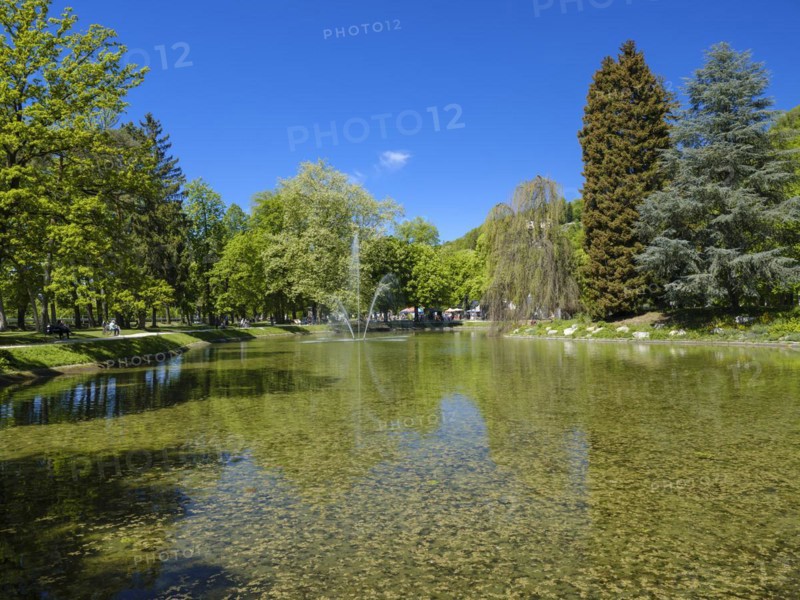 Fountain in the Volksgarten, blue sky, green area, Salzburg City, Salzburg, Austria, Europe