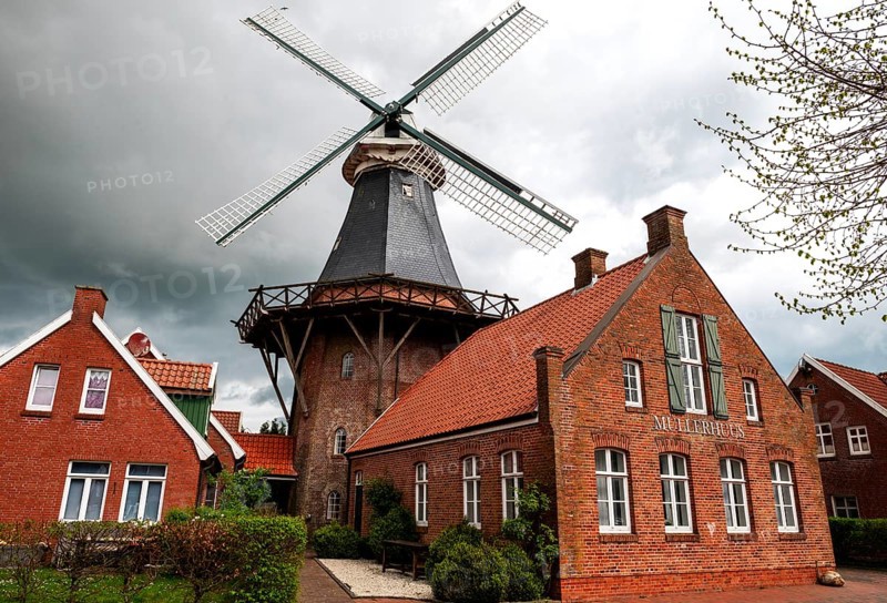 Historic mill and miller's house in the fishing village of Ditzum, municipality of Jemgum, district of Leer, Rheiderland, East Frisia, Lower Saxony, Germany, Europe