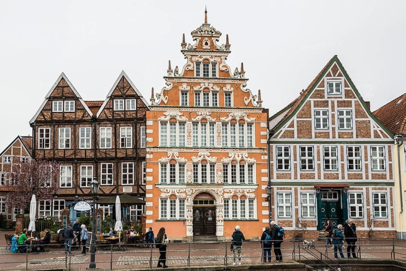 Half-timbered houses and restaurants in the old town, Buxtehude, Altes Land, Lower Saxony, Germany, Europe