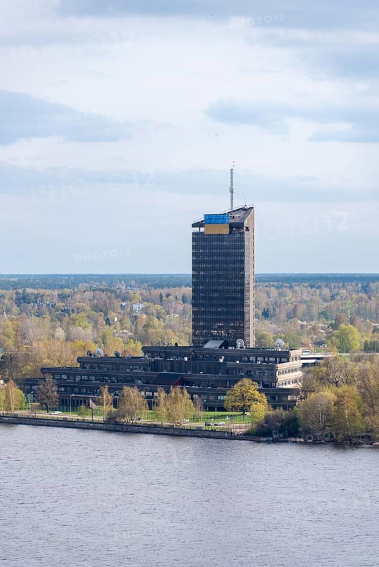 Latvian Television Latvijas Televizija (LTV) tower block, stands on the banks of the Daugava, Riga, Latvia, Europe