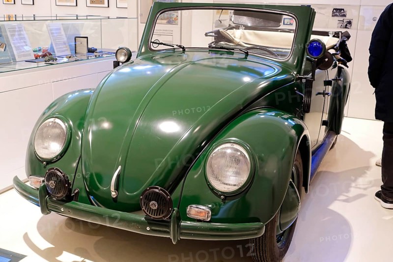 A green Volkswagen Beetle Cabriolet in shiny condition stands in the museum, AUTOMUSEUM PROTOTYP, Hamburg, Hanseatic City of Hamburg, Germany Europe