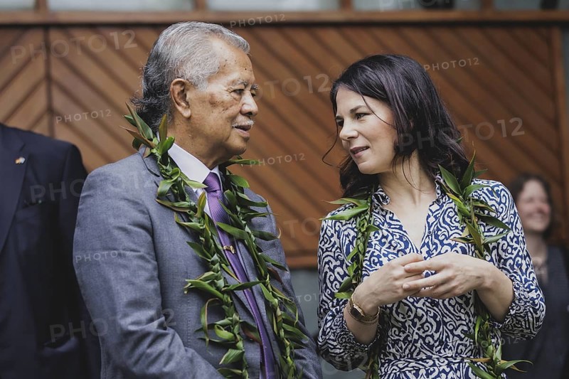 Annalena Baerbock (Alliance 90/The Greens), Federal Foreign Minister, and Henry Puna, Secretary General of the regional organisation Pacific Islands Forum, photographed during a joint meeting in Suva, 06.05.2024. Baerbock travels to Australia, New Zealand and Fiji for political talks / Photographed on behalf of the Federal Foreign Office