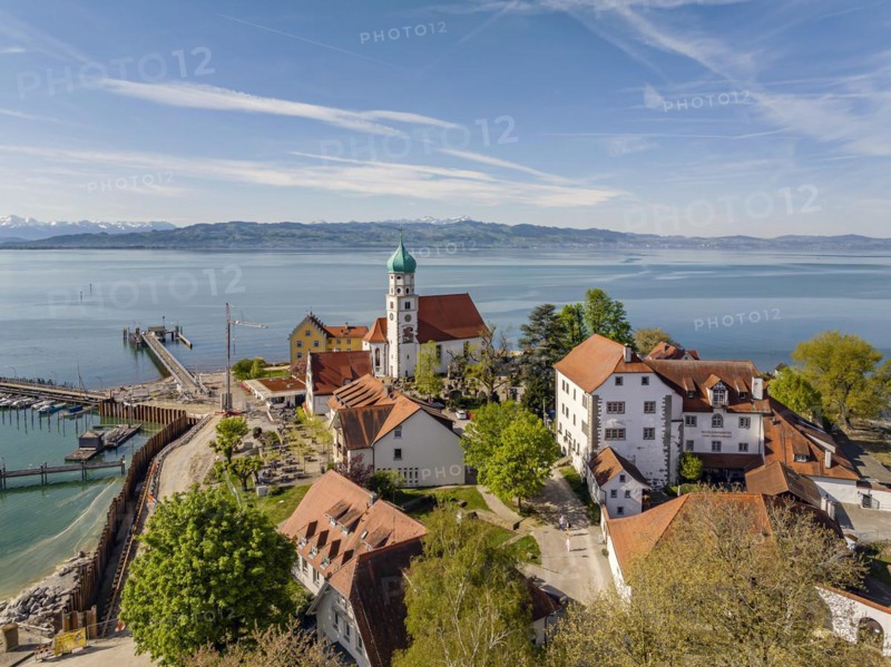 Moated castle peninsula with castle and parish church of St George on Lake Constance. Aerial view, moated castle, Bavaria, Germany, Europe