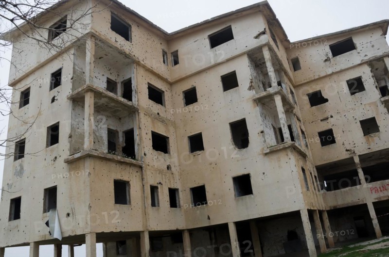 Beqaa, Lebanon, April 04, 2017: Marks of War, Lebanese house machine-gunned, bombed, destroyed by civil war, Lebanon mountains, Asia