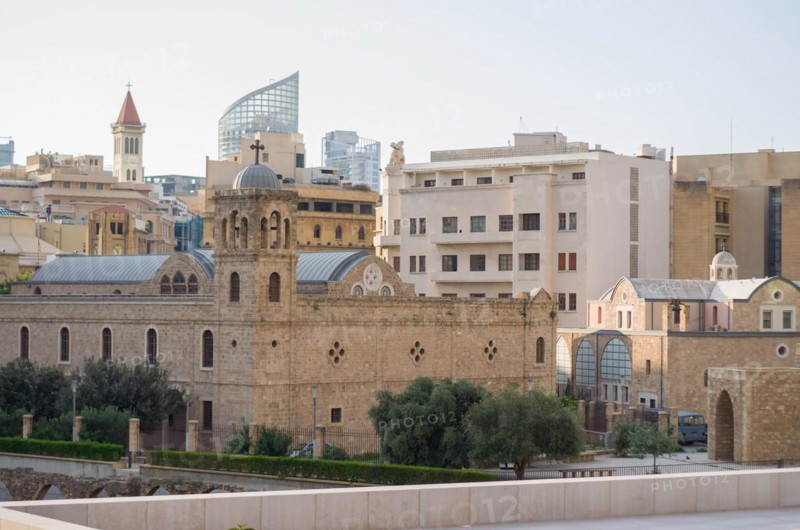 Center of Beirut, capital of Lebanon, tree and classical architecture and characteristic of the country, Lebanese arches