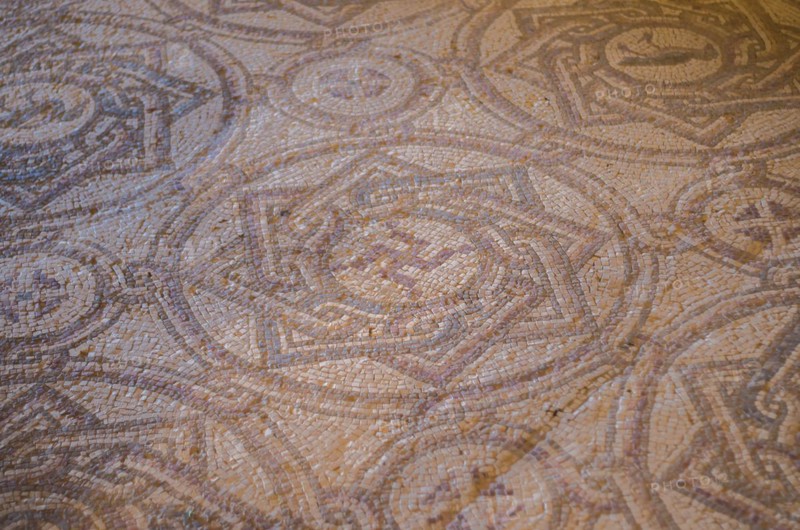 Chouf District, Lebanon, April 05, 2017: Mosaic floor with inverted swastika in historic palace located inside the Beit ed-Dine (Beiteddine) palace, built in 1788, renovated after the civil wars, Asia