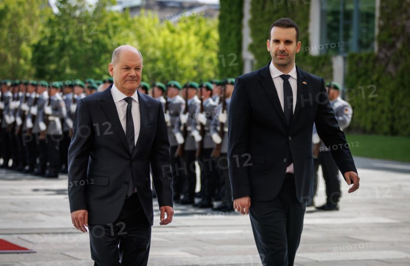 (L-R) Olaf Scholz, Federal Chancellor, and Milojko Spajic, Prime Minister of Montenegro, pictured during a joint meeting in Berlin, 29 April 2024