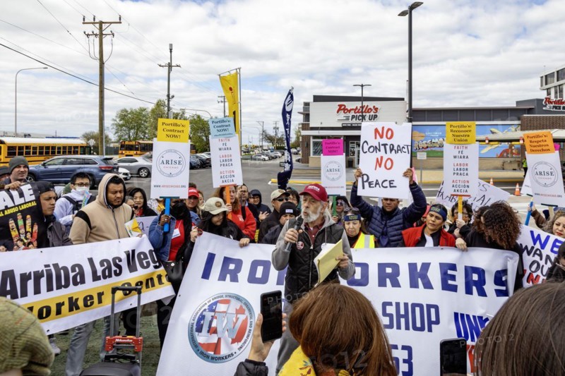 Rosemont, Illinois, Hundreds of workers and supporters picketed a Portillo's restaurant, demanding that the company recognize their union. Their organizing campaign is backed by the Ironworkers union and by Arise Chicago, a faith-based organization that supports immigrants and low-wage workers