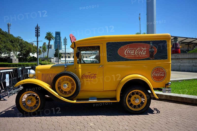 Ford classic car as an advertising medium for Coca Cola at an exhibition in Buenos Aires, Argentina, South America