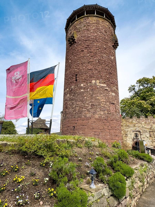 High castle tower of 13th century castle today Burghotel Trendelburg, Trendelburg, Weserbergland, Hesse, Germany, Europe