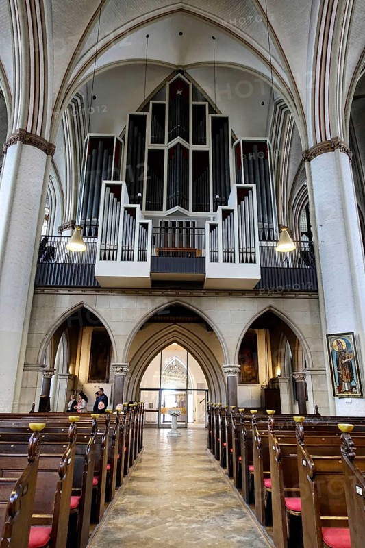 Main organ, St Peter's Church, parish church, start of construction 1310, Moenckebergstrasse, Bergstrasse, Old Town, Hanseatic City of Hamburg, The large organ pipes of a Gothic church organ, with visitors nearby, Hamburg, Hanseatic City of Hamburg, Germany, Europe