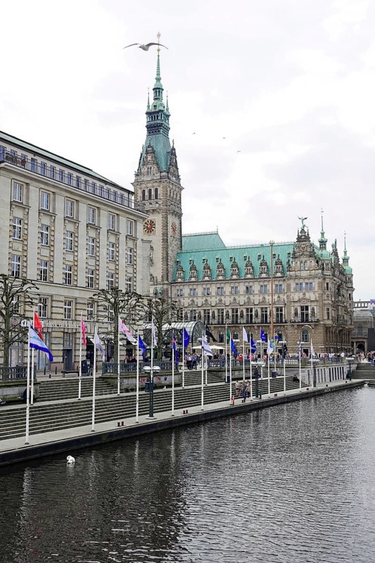 Hamburg City Hall and City Hall Market, Hamburg, Germany, Europe, The Hamburg City Hall with waving flags on the bank of a river with reflection in the water, Hanseatic City of Hamburg, Europe