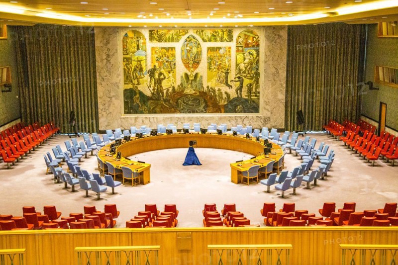 View from the visitors' gallery of the United Nations Security Council chamber at UN headquarters in New York