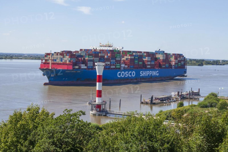 Cosco container ship and lighthouse on the Elbe, Blankenese district, Hamburg, Germany, Europe