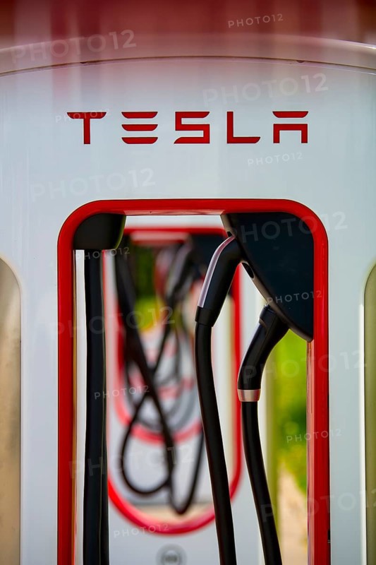 Tesla Supercharger, Logo, Charging station for electric cars, Electric charging station, Charging column, E-filling station, E-mobility, Ulm, Baden-Wuerttemberg, Germany, Europe