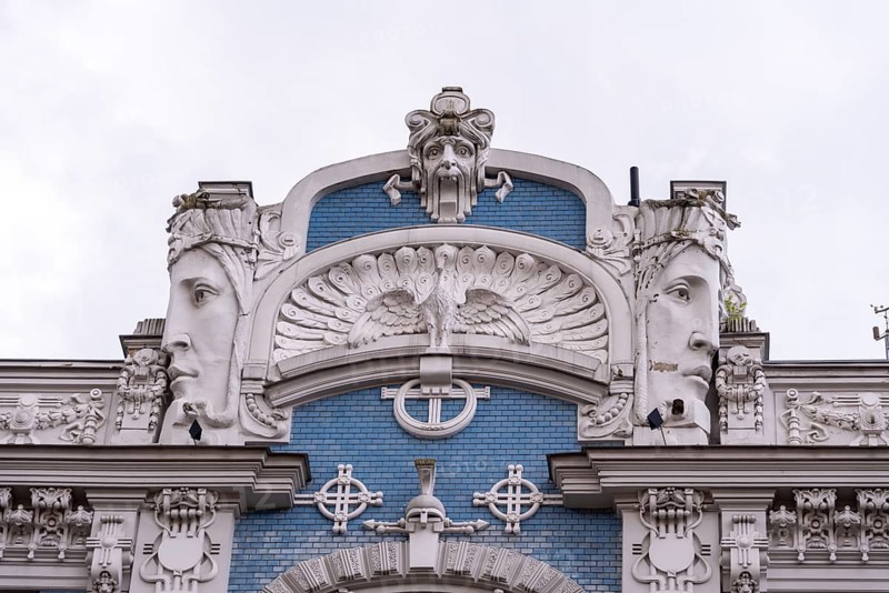 Art Nouveau building, designed by Michail Eisenstein, blue facade with sculptures, Riga, Latvia, Europe