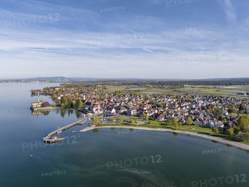 Montfort Castle on Lake Constance, aerial view, landmark of the municipality of Langenargen, Baden-Wuerttemberg, Germany, Europe