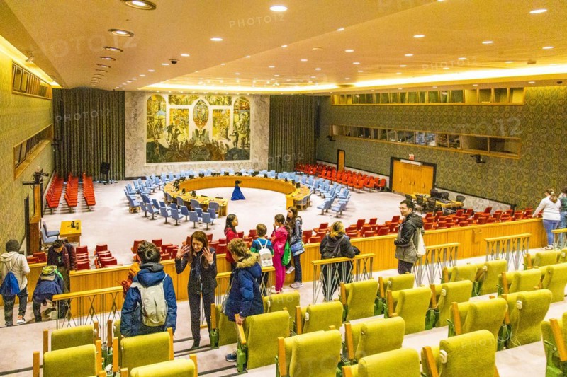 View from the visitors' gallery of the United Nations Security Council chamber at UN headquarters in New York