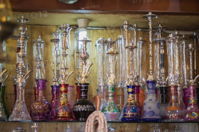 Tripoli, Lebanon, April 09, 2017: Shelf with traditional Arguiles (Narguile, Shisha, Chicha, hookah), equipment used for smoking tobacco, widely, very widespread throughout the Middle East, Asia