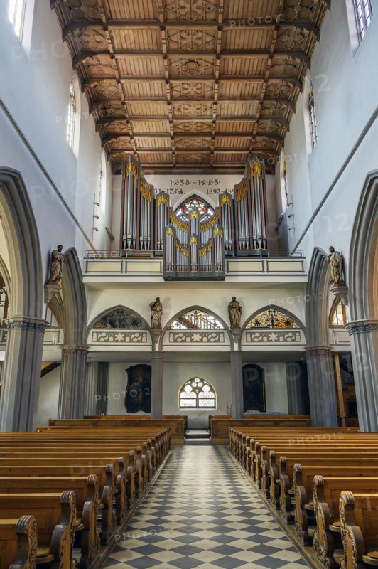 Organ loft and coffered ceiling, St Martin's Church, Kaufbeuern, Allgaeu, Swabia, Bavaria, Germany, Europe