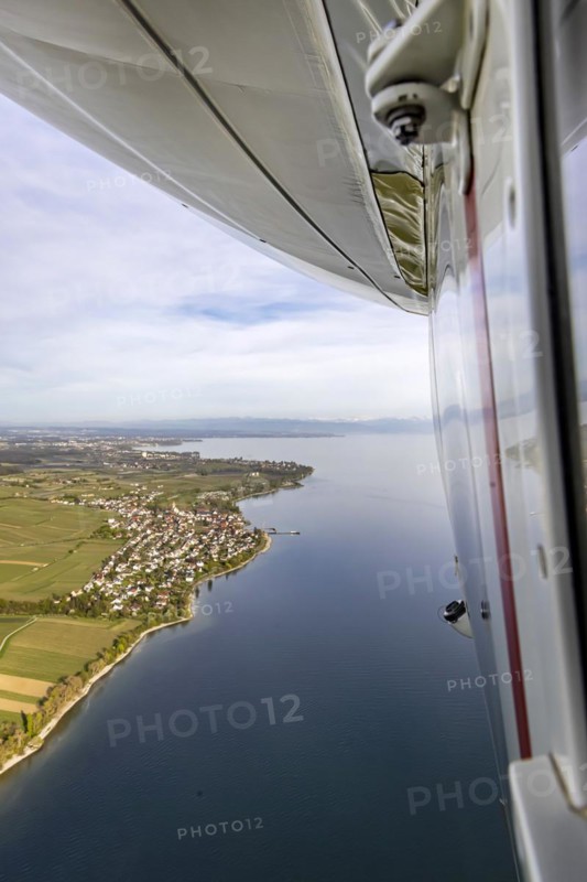 Flight in a zeppelin along the shore of Lake Constance, aerial view, Hagnau, Baden-Wuerttemberg, Germany, Europe