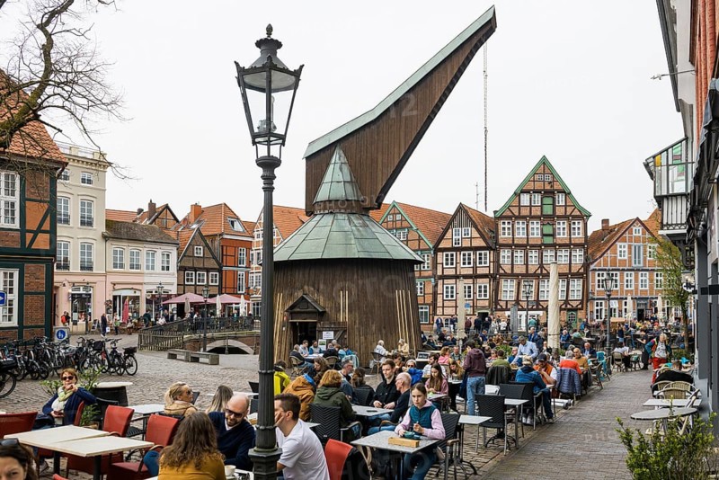 Half-timbered houses and restaurants in the old town, Buxtehude, Altes Land, Lower Saxony, Germany, Europe