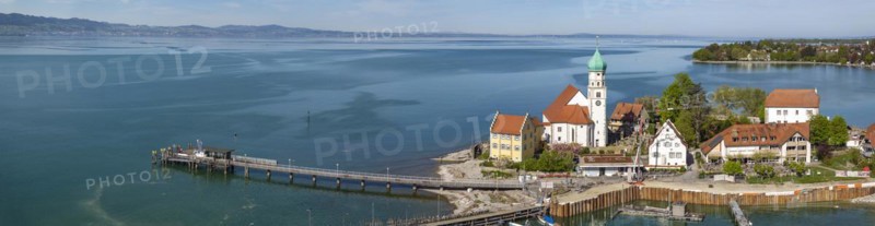 Moated castle peninsula with castle and parish church of St George on Lake Constance. Aerial photo, panoramic view, moated castle, Bavaria, Germany, Europe