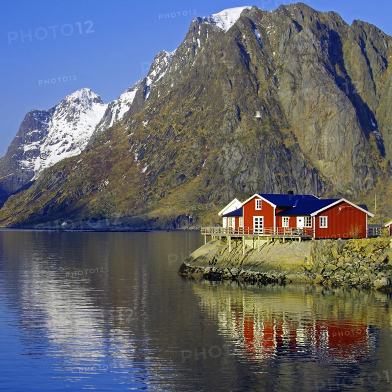 Rorbuer on the rocky shore of a fjord, holiday, winter, Hamnoey, Lofoten, Nordland, Norway, Europe