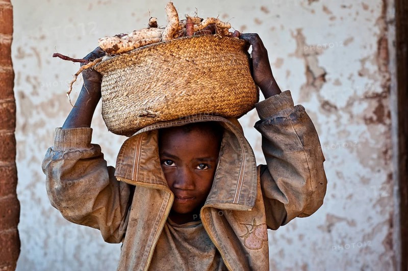Boy carrying on his head a basket full of sweet potatoes, Ambositra, Madagascar, He belongs to the Betsileo ethnic group, Africa