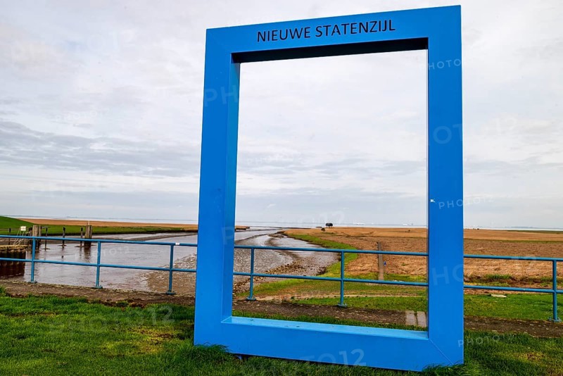 Giant photo frame at the Nieuwe Statenzijl lock, municipality of Oldambt, Dollart, Dollard, province of Groningen, Netherlands