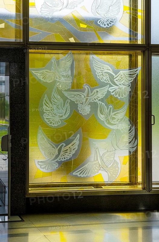 Window glass paintings, realistic socialism, vestibule of the European School of Management and Technology, Berlin, Germany, Europe