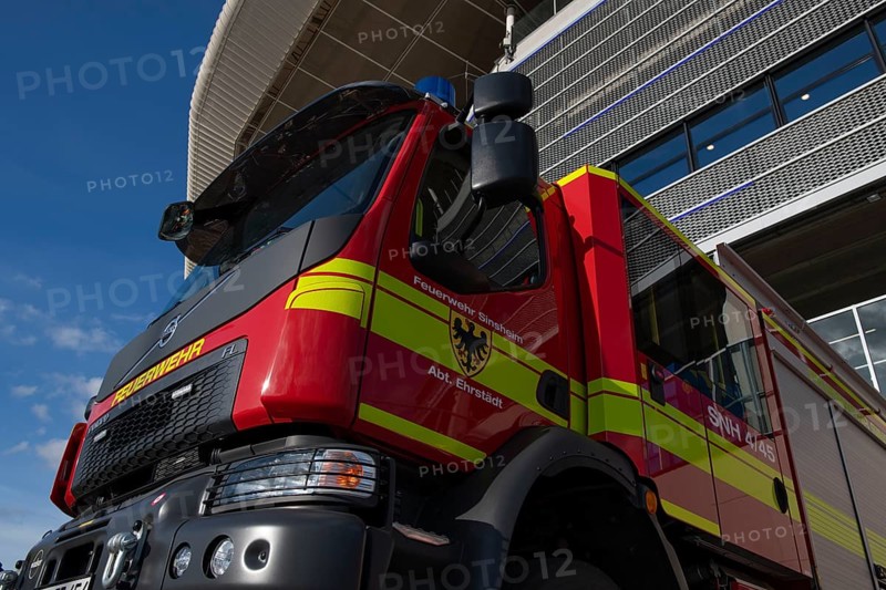 Sinsheim Fire Brigade in front of Arena, PreZero Arena, Sinsheim, Baden-Wuerttemberg, Germany, Europe