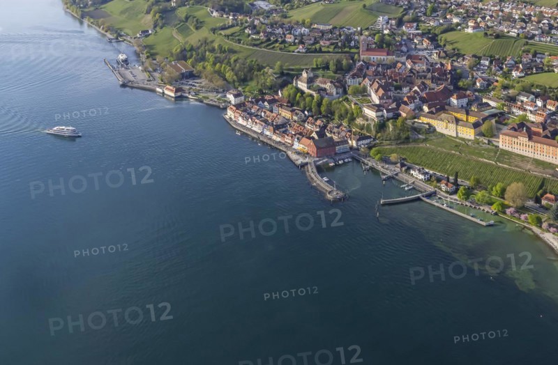 Zeppelin flight over Lake Constance, aerial view, Meersburg with castle, new castle, harbour and state winery, M, eersburg, Baden-Wuerttemberg, Germany, Europe