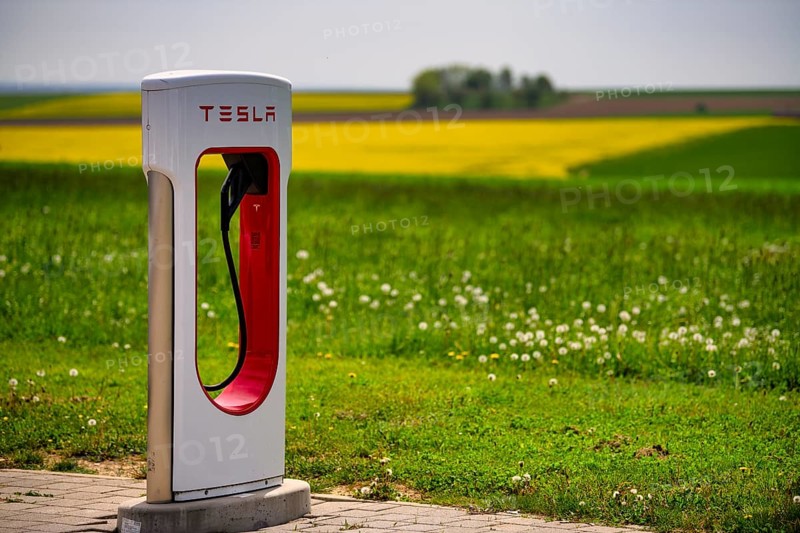 Tesla Supercharger in front of rapeseed field, logo, charging station for electric cars, charging station, e-charging station, e-mobility, Ulm, Baden-Wuerttemberg, Germany, Europe