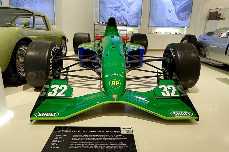JORDAN 191 F1 Michaels Schumacher's green Jordan Formula 1 car displayed in a car museum, AUTOMUSEUM PROTOTYP, Hamburg, Hanseatic City of Hamburg, Germany Europe