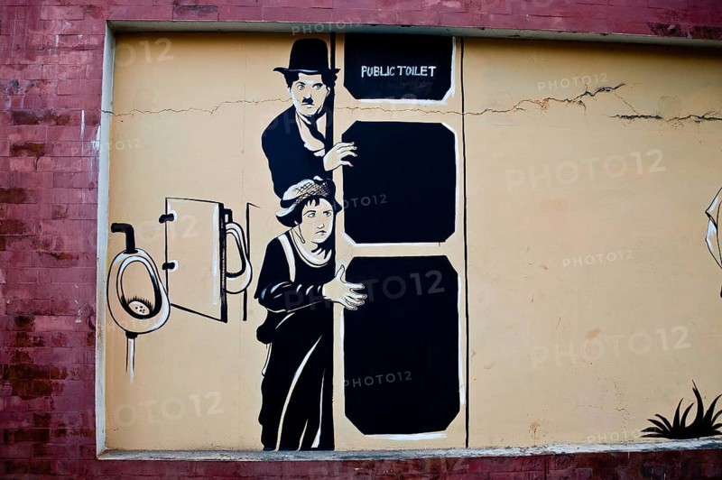 Mural painting, the tramp, charles chaplin, public toilet, Bhubaneswar, Odisha, India, Asia
