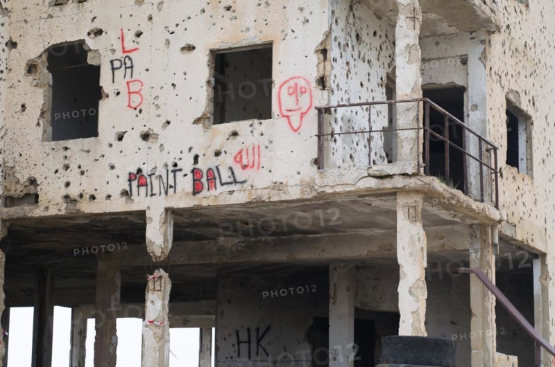 Beqaa, Lebanon, April 04, 2017: Marks of War, Lebanese house machine-gunned, bombed, destroyed by civil war, Lebanon mountains, Asia
