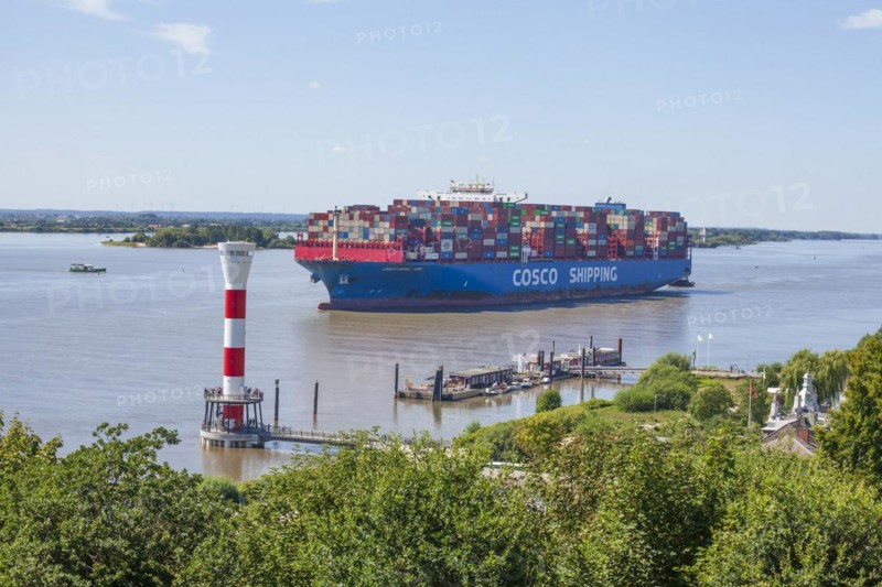 Cosco container ship and lighthouse on the Elbe, Blankenese district, Hamburg, Germany, Europe