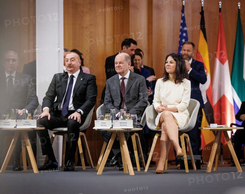 (L-R) Ilham Aliyev, President of Azerbaijan, Olaf Scholz, Federal Chancellor, and Annalena Baerbock, Federal Foreign Minister, at the Petersberg Climate Dialogue 2024 at the Federal Foreign Office in Berlin, 26.04.2024. Photographed on behalf of the Federal Foreign Office'