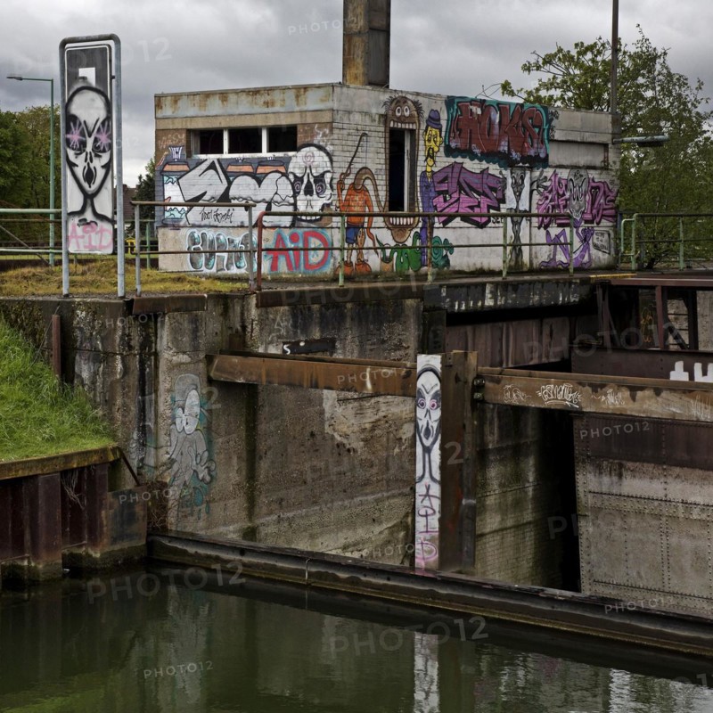 Old, no longer used Wanne-Eickel lock in bad weather, north chamber, Lost Place, Rhine-Herne Canal, Herne, Ruhr area, Germany, Europe