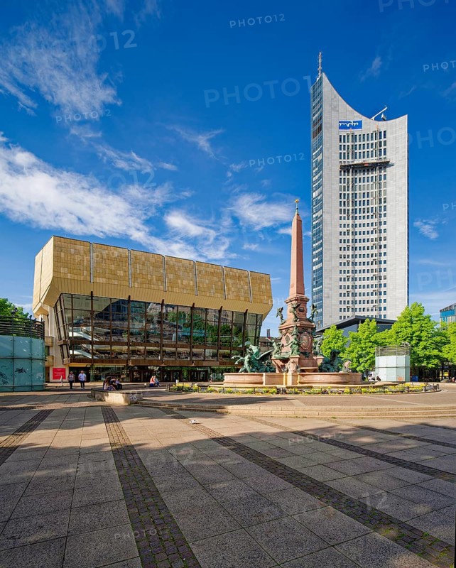 Gewandhaus, Mendebrunnen and City-Hochhaus on Augustusplatz, Leipzig, Saxony, Germany, Europe