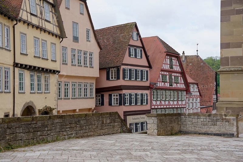 Half-timbered houses on the Klosterbuckel, St Michael's Church, St Michael, church, old town, Kocher Valley, Kocher, Schwaebisch Hall, Hohenlohe, Heilbronn-Franken, Baden-Wuerttemberg, Germany, Europe