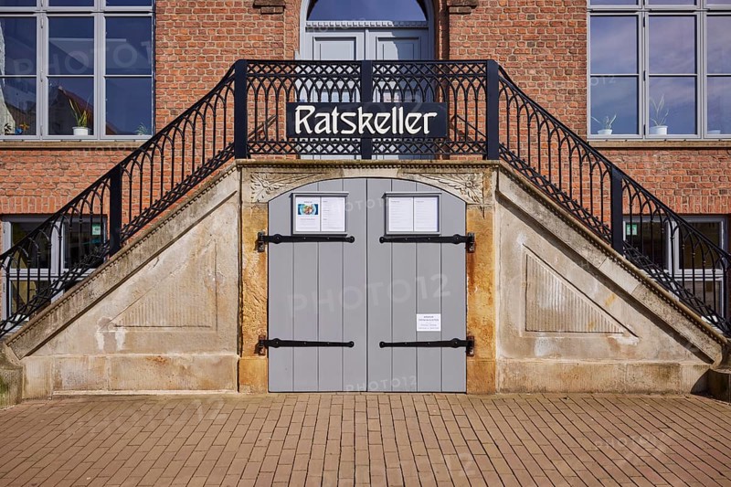 Entrance to the Ratskeller restaurant in the Old Town Hall in Husum, North Friesland district, Schleswig-Holstein, Germany, Europe