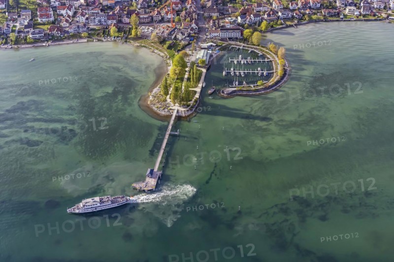 Marina, landing stage with excursion boat SCHWABEN of the White Fleet, aerial view in spring, Immenstaad on Lake Constance, Baden-Wuerttemberg, Germany, Europe