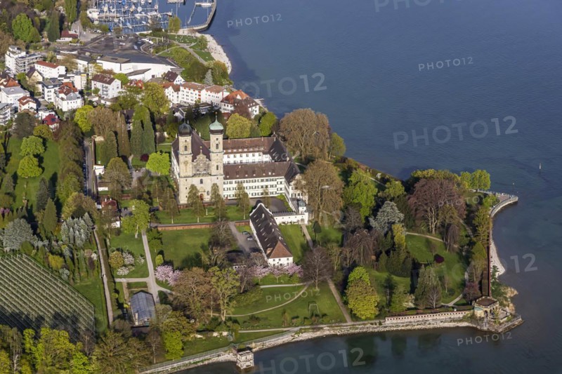 Schlosshorn with castle and castle church, Tourism at Lake Constance, Aerial view, Friedrichshafen, Baden-Wuerttemberg, Germany, Europe