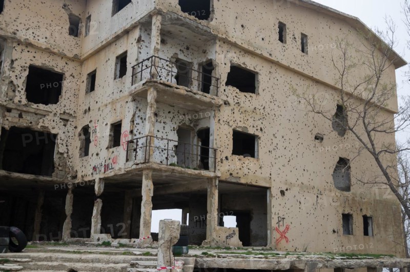 Beqaa, Lebanon, April 04, 2017: Marks of War, Lebanese house machine-gunned, bombed, destroyed by civil war, Lebanon mountains, Asia