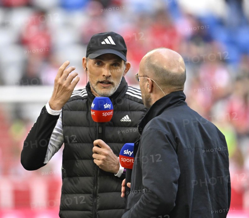 Coach Thomas Tuchel FC Bayern Munich FCB in an interview, microphone, mike, logo, with SKY presenter Patrick Wasserziehr, Allianz Arena, Munich, Bavaria, Germany, Europe