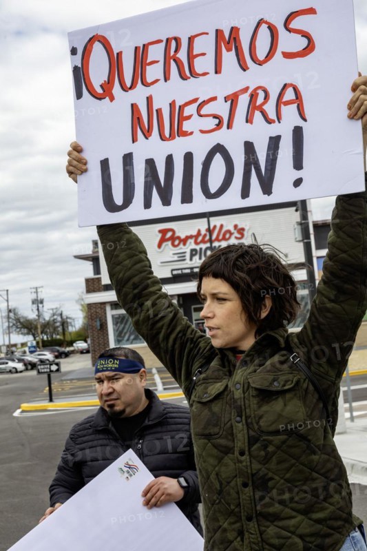 Rosemont, Illinois, Hundreds of workers and supporters picketed a Portillo's restaurant, demanding that the company recognize their union. Their organizing campaign is backed by the Ironworkers union and by Arise Chicago, a faith-based organization that supports immigrants and low-wage workers